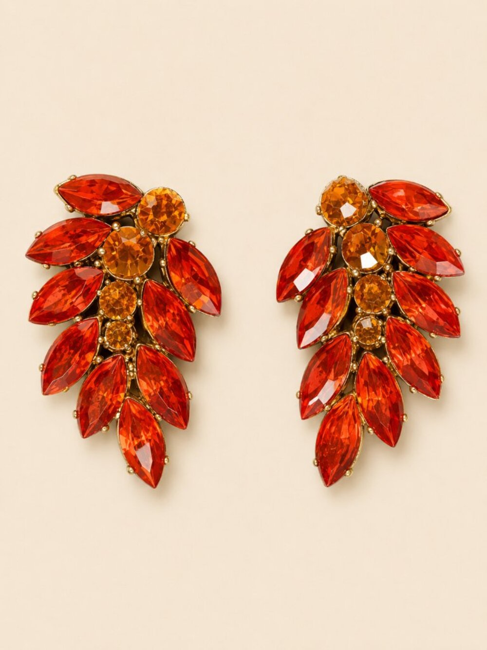 Vintage Orange Topaz Rhinestone Marquise Leaf Clip On Earrings MCM